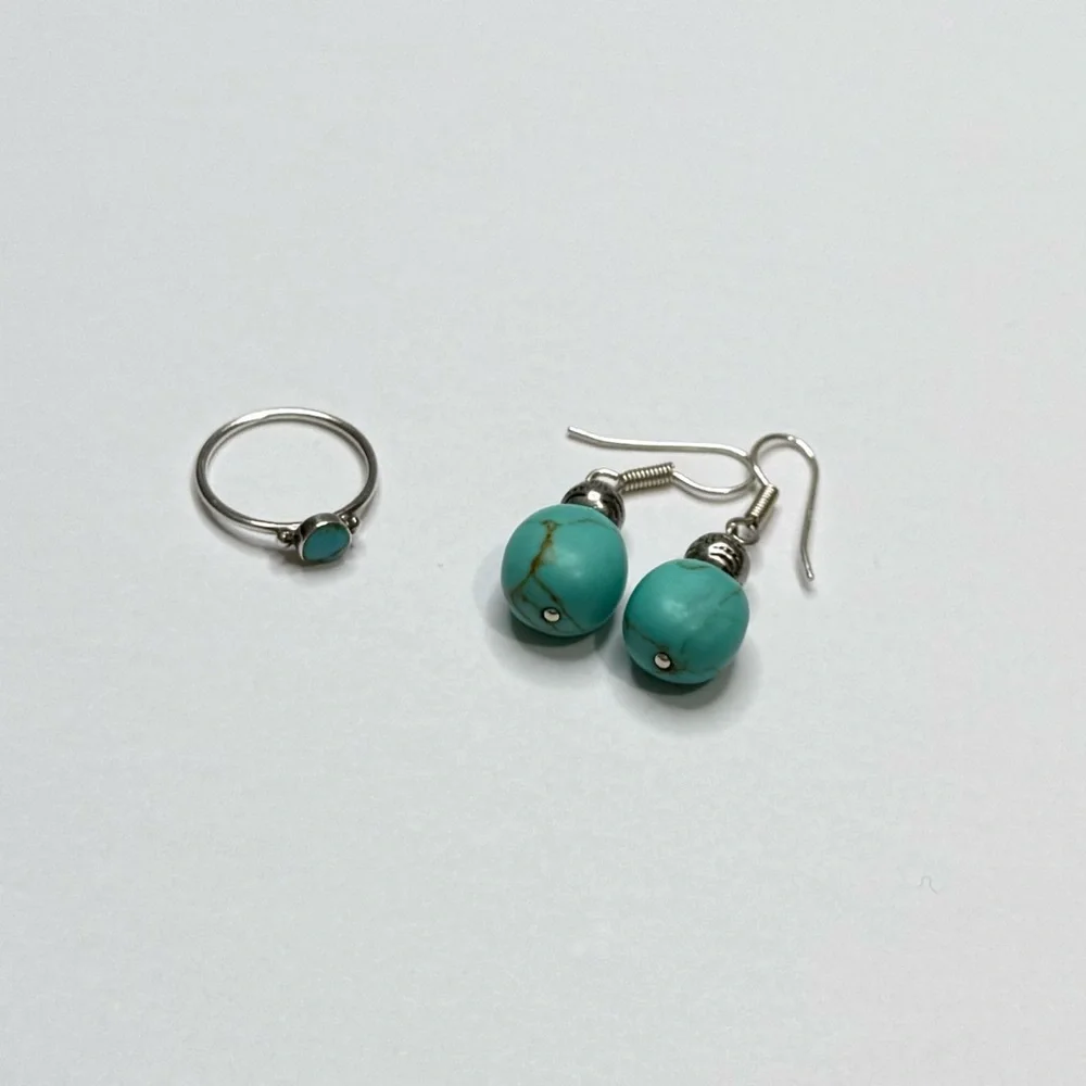 RALPH LAUREN 925 SILVER EARRINGS WITH RL BEADS/TURQUOISE STONE + PINKY RING 925 - Picture 9 of 10